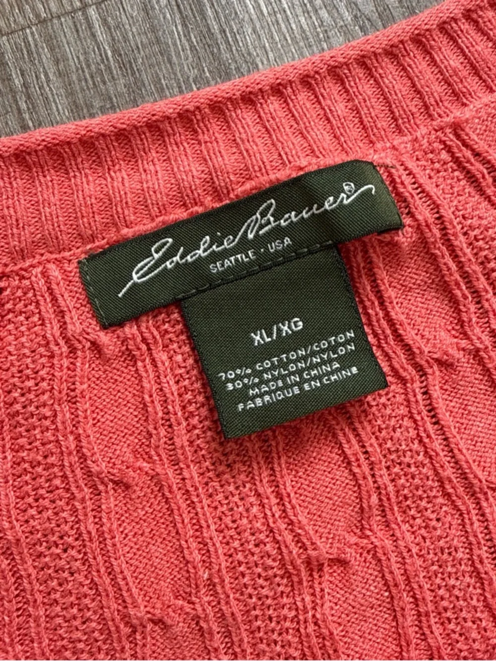 Eddie Bauer Cotton Blend Cable Knit Ruffle Accent Coral Pink Cardigan Size XL